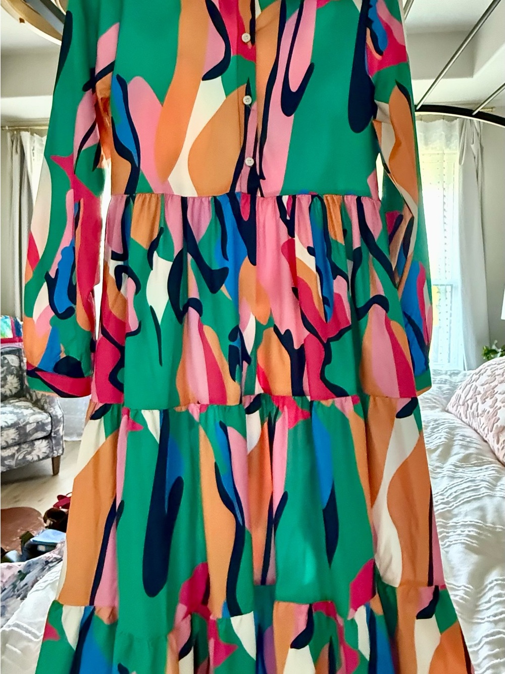 Sunday Multicolor Abstract Tiered Maxi Dress - Green, Pink, Orange, Navy